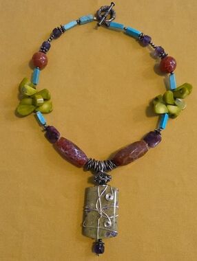 Handmade Bohemian-Style Necklace Featuring a Large Wire-Wrapped Stone Pendant